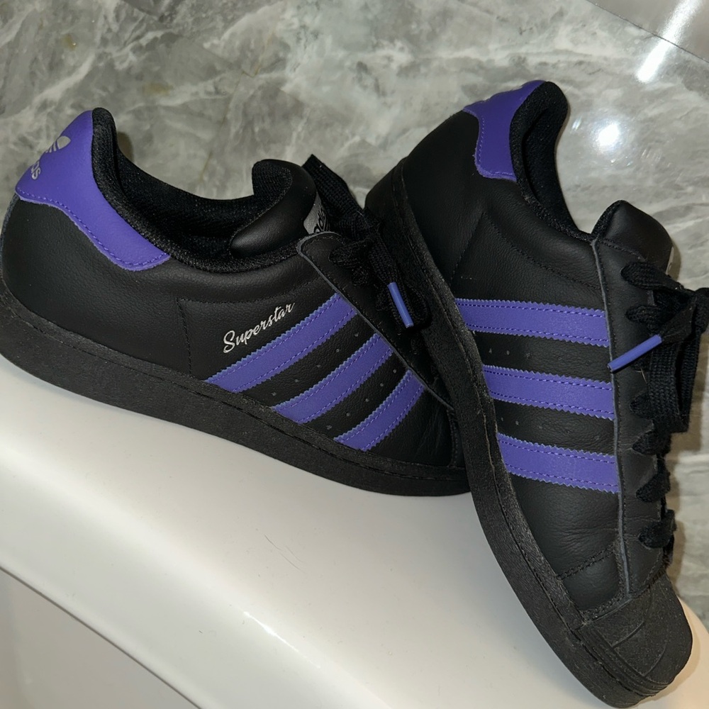 Adidas Black and Purple Superstar Retro-Inspired Sneakers